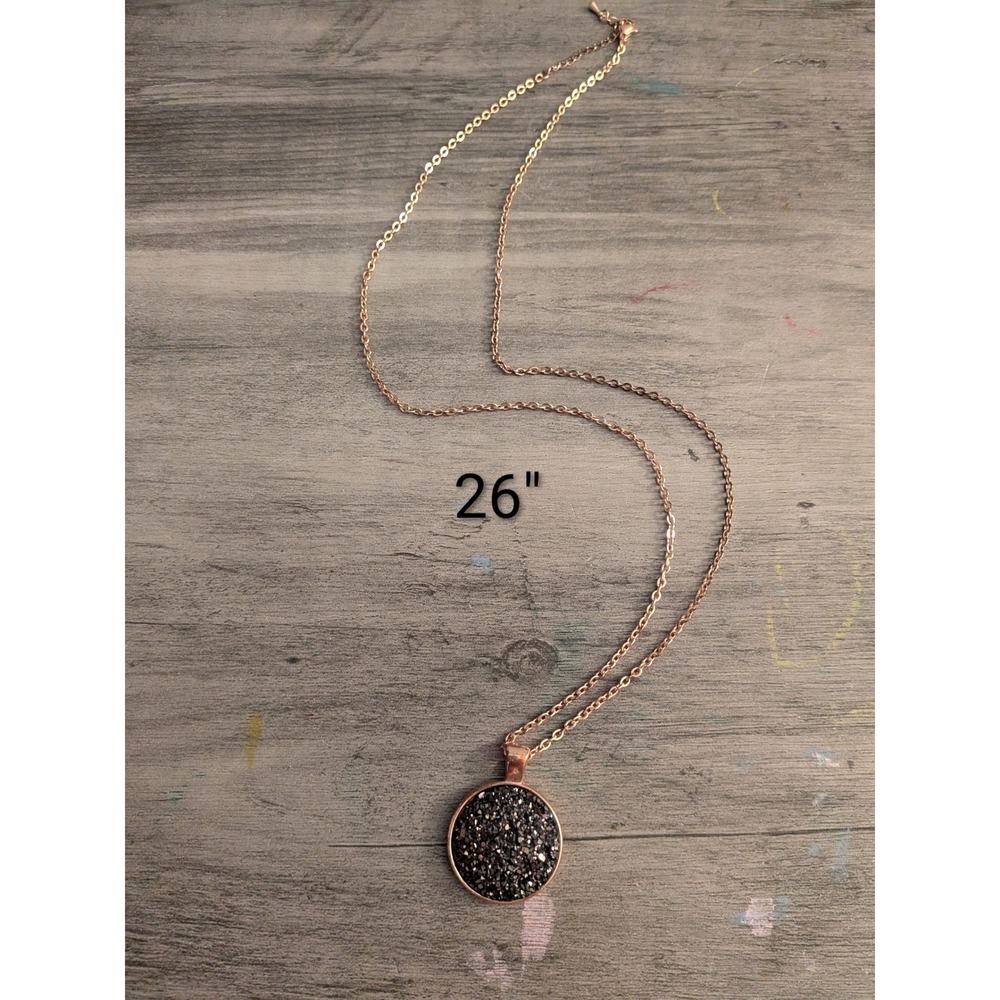 Rose Gold Black Druzy Round Pendant Necklace 26 Inch Long Chain Sparkly Jewelry